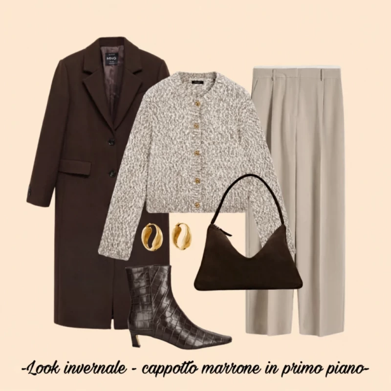 I look invernali più trendy 2025: il cappotto color cioccolato di Mango in primo piano